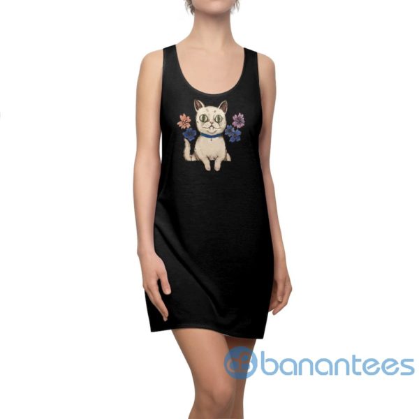 Cute Cat With Floral Art Black Racerback Dress For Women Product Photo