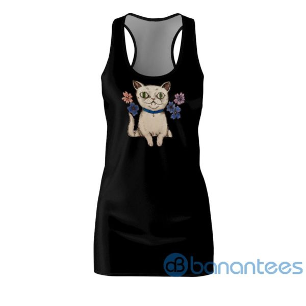 Cute Cat With Floral Art Black Racerback Dress For Women Product Photo