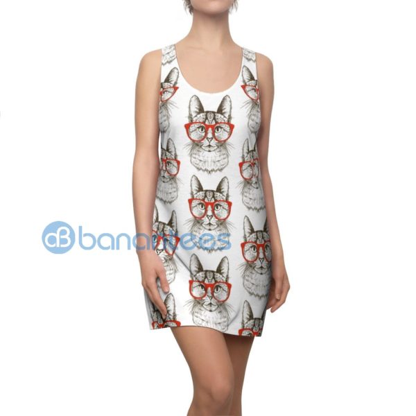 Cute Cat With Red Glasses Pattern White Racerback Dress Product Photo