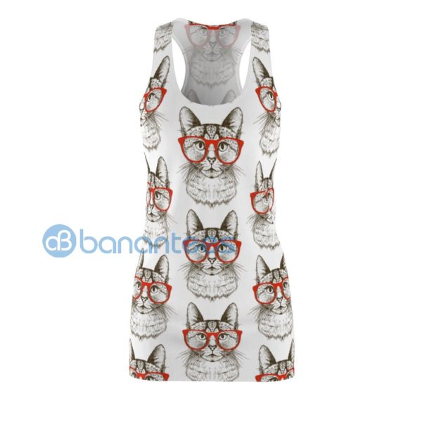 Cute Cat With Red Glasses Pattern White Racerback Dress Product Photo