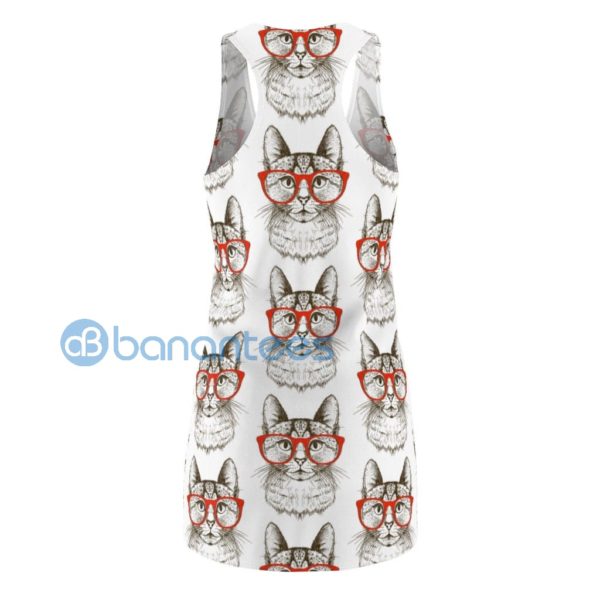 Cute Cat With Red Glasses Pattern White Racerback Dress Product Photo