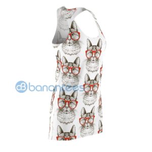 Cute Cat With Red Glasses Pattern White Racerback Dress Product Photo