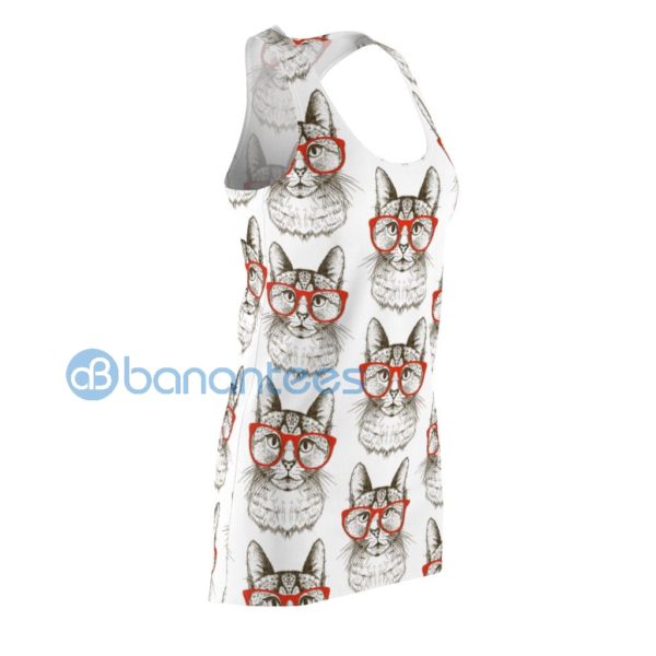 Cute Cat With Red Glasses Pattern White Racerback Dress Product Photo