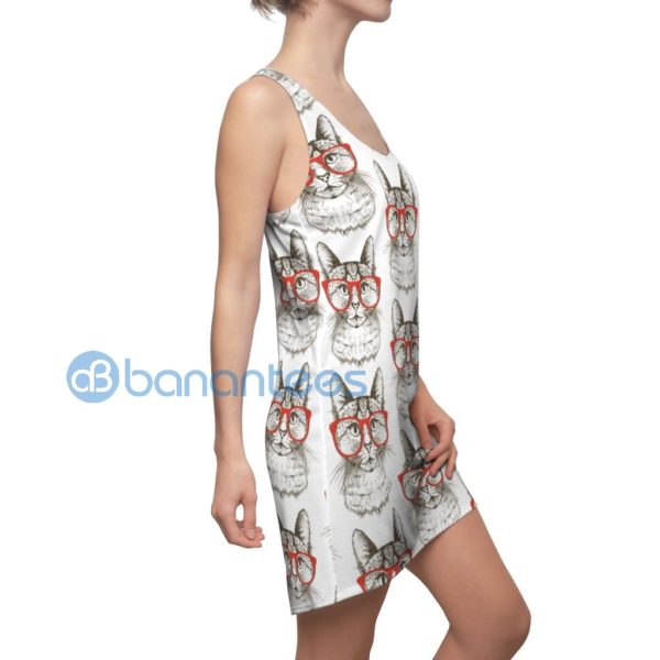 Cute Cat With Red Glasses Pattern White Racerback Dress Product Photo