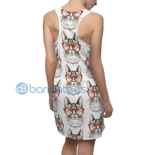Cute Cat With Red Glasses Pattern White Racerback Dress Product Photo