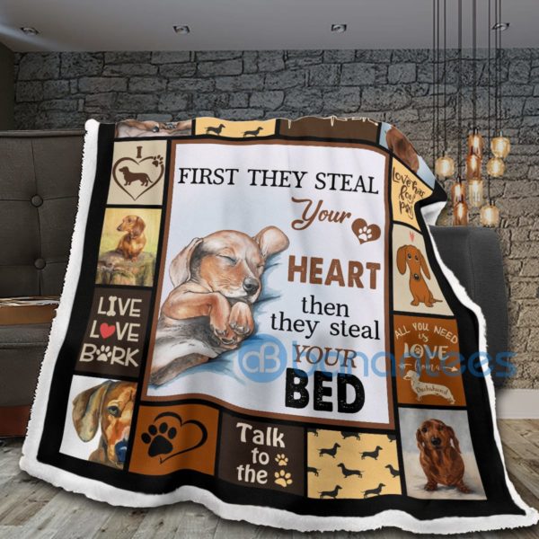 Dachshund First They Steal Your Heart Then They Steal Your Bed Sherpa Blanket Product Photo