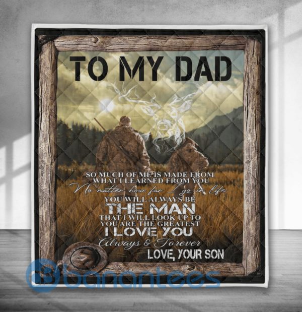 Father Day Gift, Dad And Son Deer Hunter Quilt Blanket Product Photo