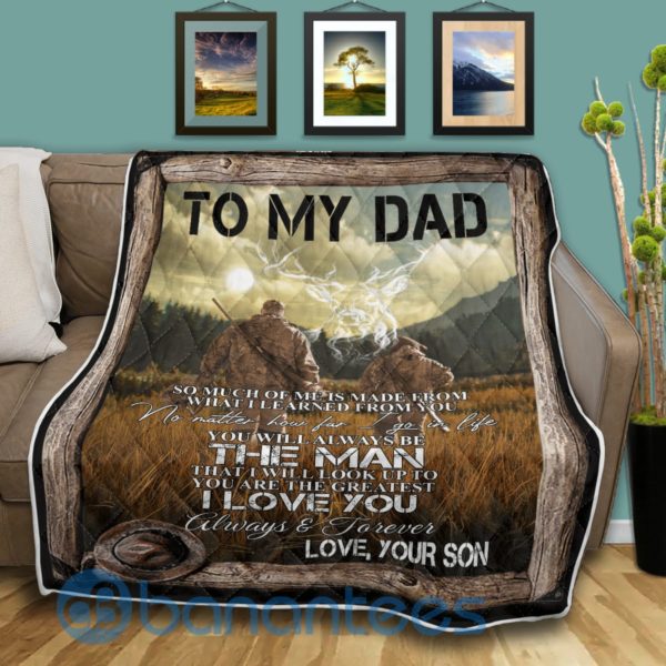 Father Day Gift, Dad And Son Deer Hunter Quilt Blanket Product Photo