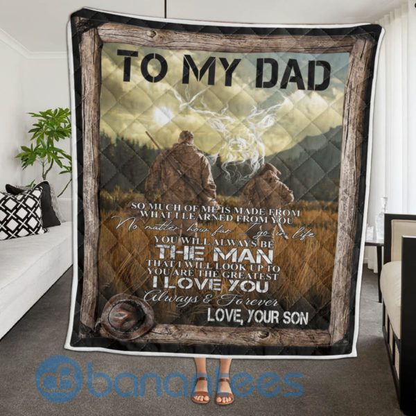 Father Day Gift, Dad And Son Deer Hunter Quilt Blanket Product Photo