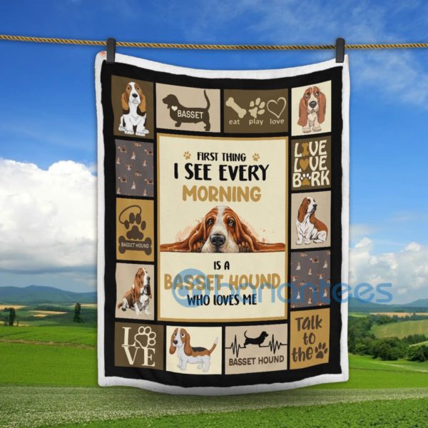 First Thing I See Every Morning Is A Basset Hound Sherpa Blanket Product Photo
