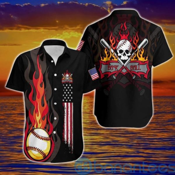 Flame Baseball Skull American Flag Hawaiian Shirt Product Photo