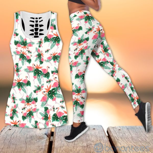 Flamingo Forest Pink And White Hollow Tank And Legging Outfit Product Photo