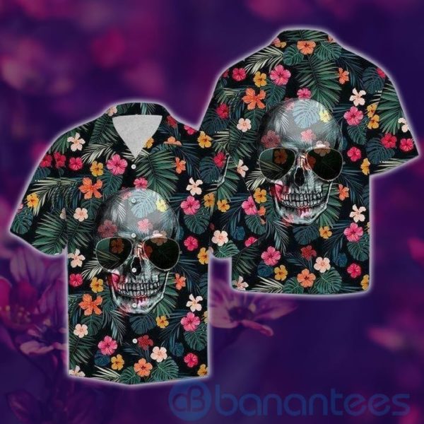 Floral Funny Skull Wearing Sun Glasses Tropical Hawaiian Shirt Product Photo