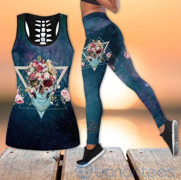 Floral Skull Geometric Valknut Symbol Hollow Tank And Legging Outfit Product Photo