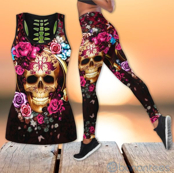Floral Skull Hollow Tank And Legging Outfit Product Photo