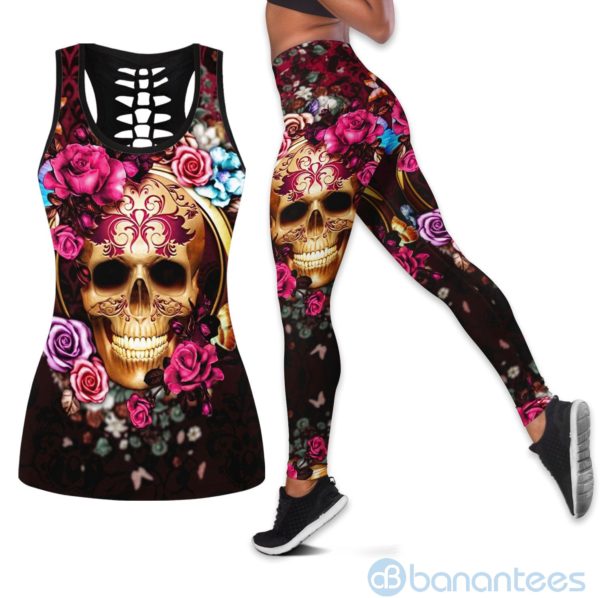 Floral Skull Hollow Tank And Legging Outfit Product Photo