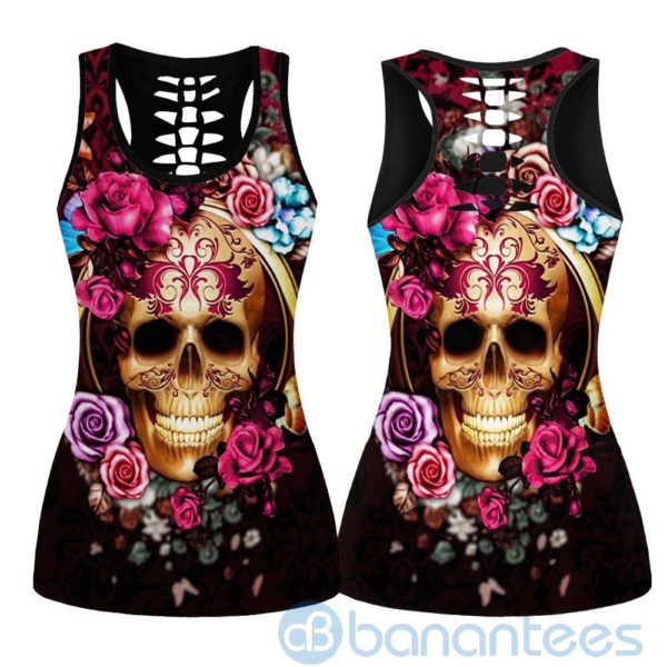 Floral Skull Hollow Tank And Legging Outfit Product Photo