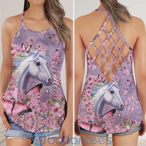 Gift For Horse Lover Horse Pink Foloral Criss Cross Tank Top Product Photo
