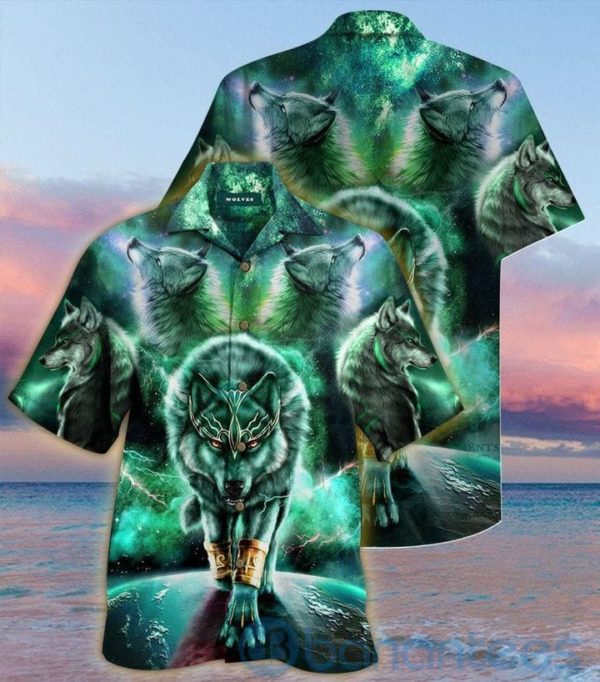 Green Galaxy Wolf Tropical Hawaiian Shirt Product Photo