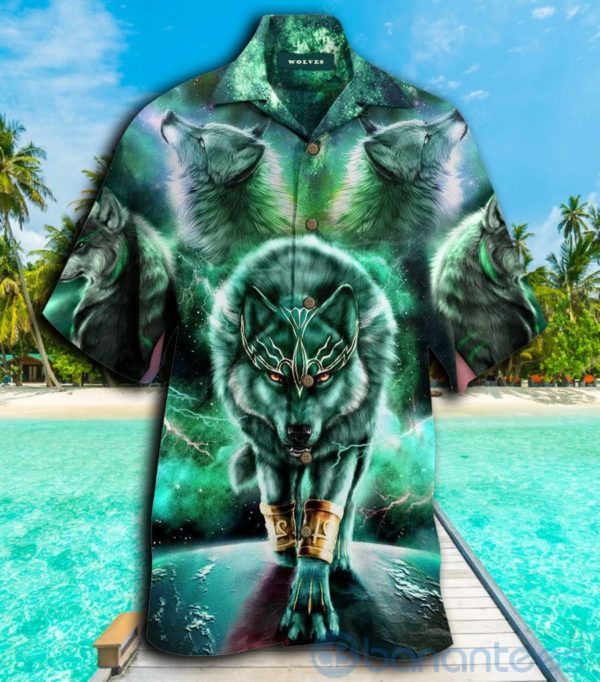 Green Galaxy Wolf Tropical Hawaiian Shirt Product Photo