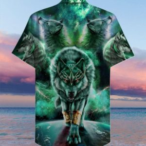 Green Galaxy Wolf Tropical Hawaiian Shirt Product Photo
