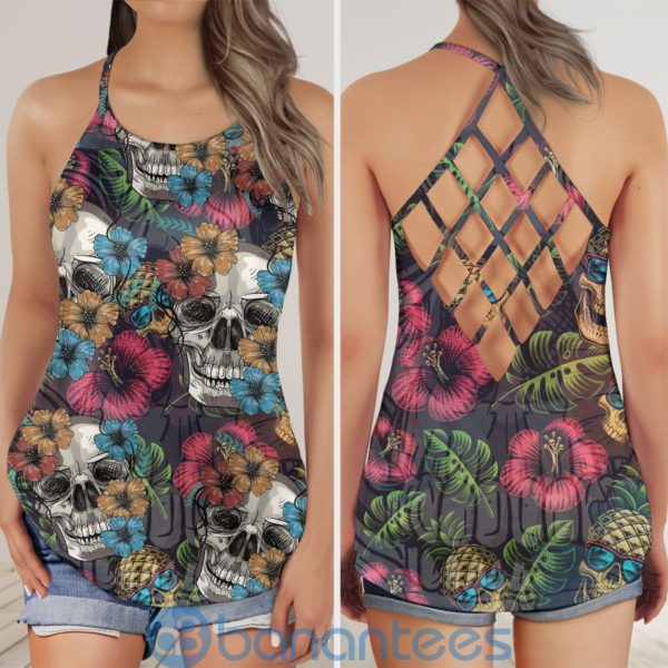Hawaii Skull Floral Pineapple Lover Criss Cross Tank Top Product Photo