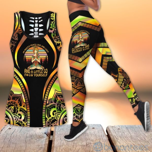 Hologram Mandala I'm Mostly Peace Love and Light Yoga Hollow Tank And Legging Outfit Product Photo
