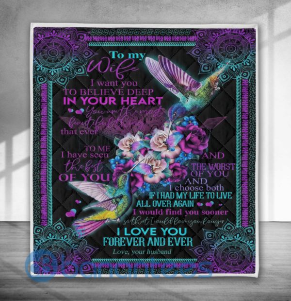 Husband To Wife Believe Deep In Your Heart Hummingbirds Quilt Blanket Product Photo
