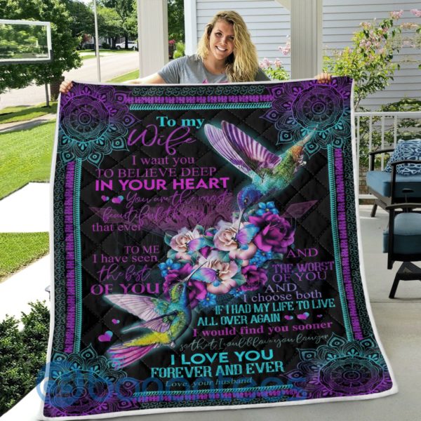 Husband To Wife Believe Deep In Your Heart Hummingbirds Quilt Blanket Product Photo