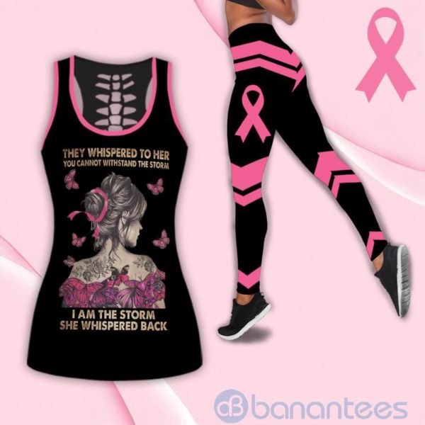 I Am The Storm Pink Ribbon Hollow Tank And Legging Outfit Product Photo