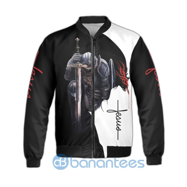 Jesus Warrior A Child of God A Man Of Faith A Warrior Of Christ Fleece Bomber Jacket Product Photo