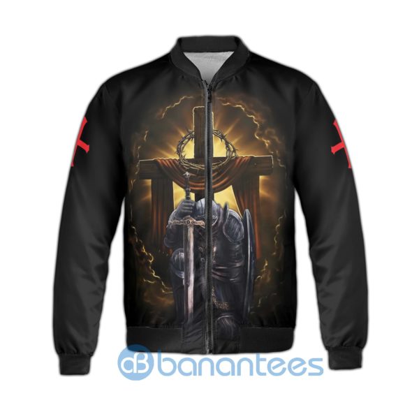 Jesus's Lion Templar Knight Child Of God Wooden Cross Crowd Of Thorn Fleece Bomber Jacket Product Photo