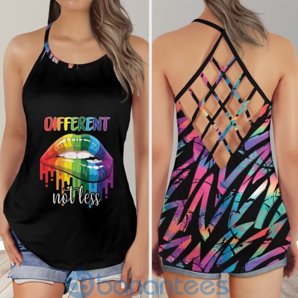 LGBT Pride Different Not Less Rainbow Lips Criss Cross Tank Top Product Photo