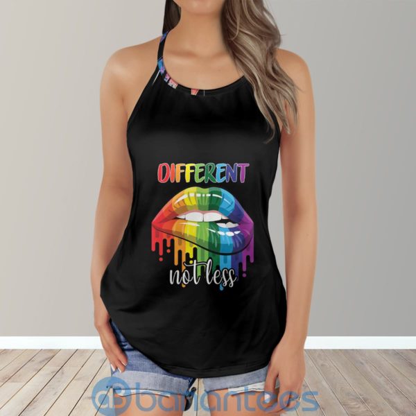 LGBT Pride Different Not Less Rainbow Lips Criss Cross Tank Top Product Photo