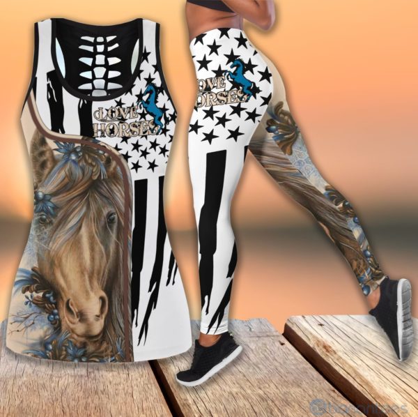 Love Horse American Flag Hollow Tank Top Legging Set Outfit Product Photo
