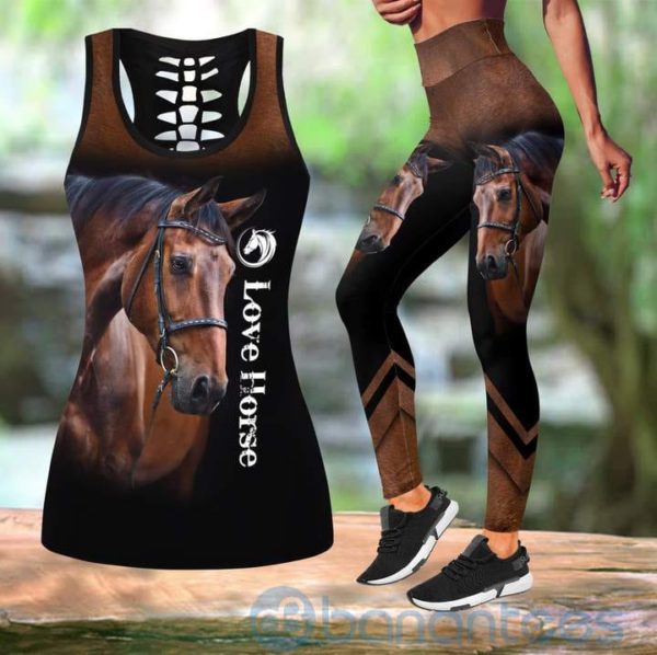 Love Horse Black Brown Tank Top Legging Set Outfit Product Photo