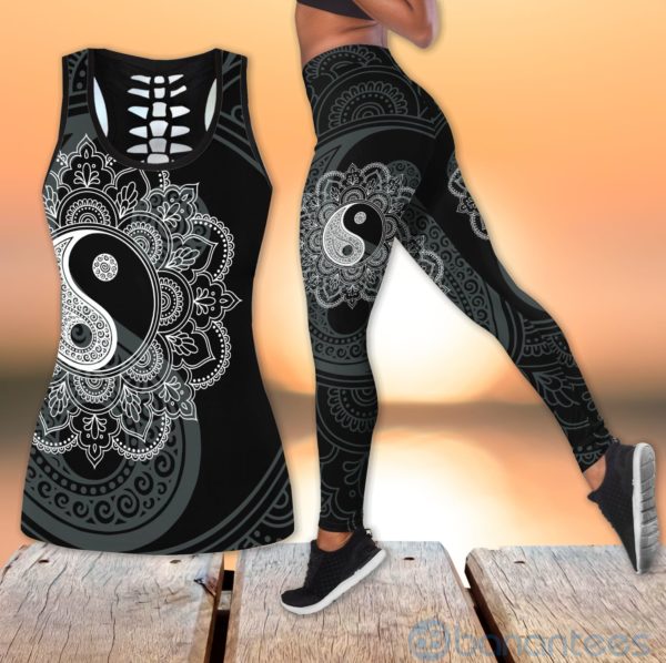 Mandala Yin Yang Black and White Yoga Hollow Tank And Legging Outfit Product Photo