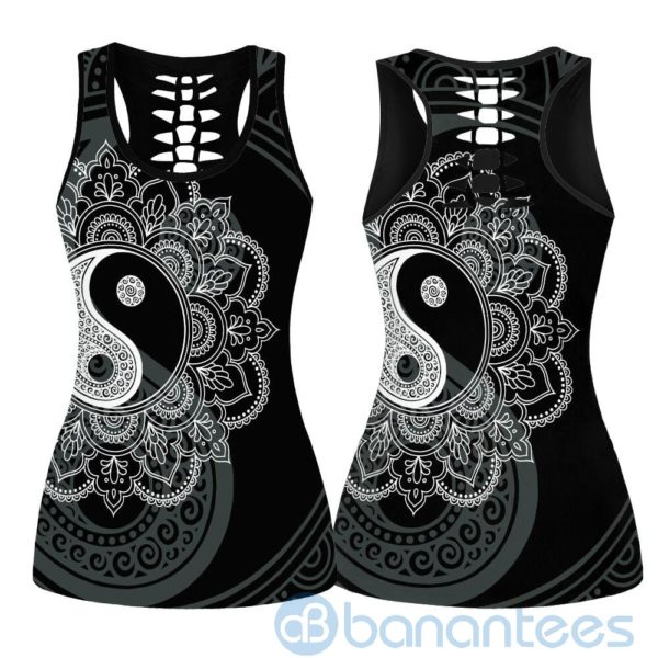 Mandala Yin Yang Black and White Yoga Hollow Tank And Legging Outfit Product Photo