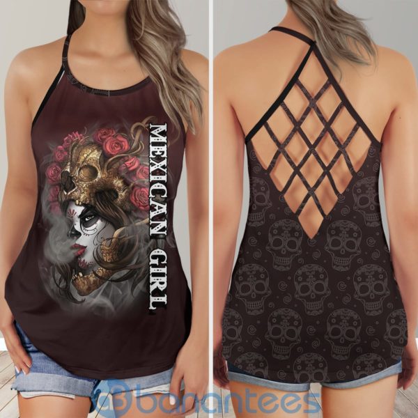 Mexico Girl Sugar Skull Yoga Fitness Criss Cross Tank Top Product Photo