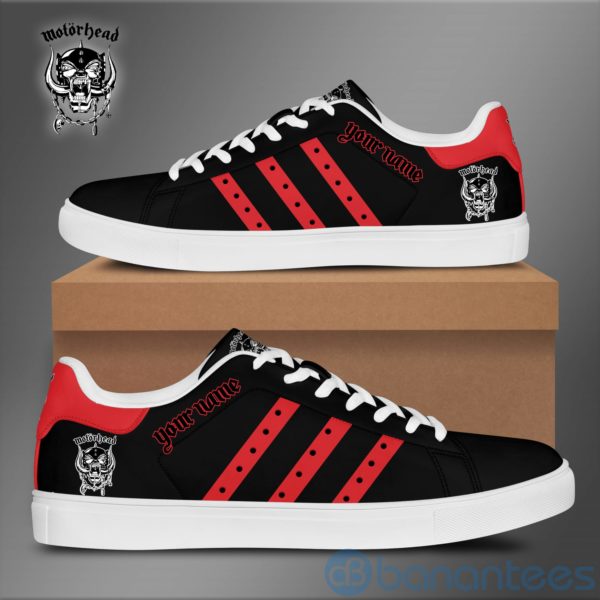 Mhead Custom Name Red Striped Black Low Top Skate Shoes Product Photo