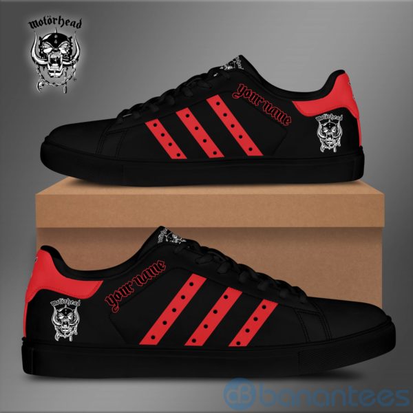 Mhead Custom Name Red Striped Black Low Top Skate Shoes Product Photo
