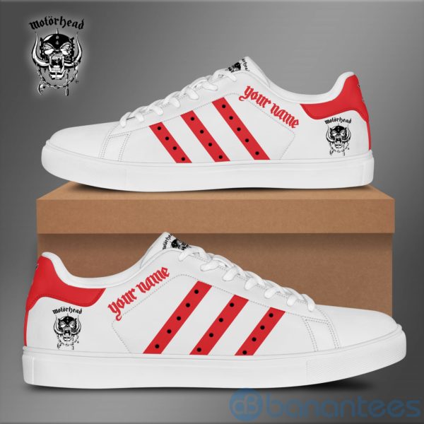 Mhead Custom Name Red Striped White Low Top Skate Shoes Product Photo