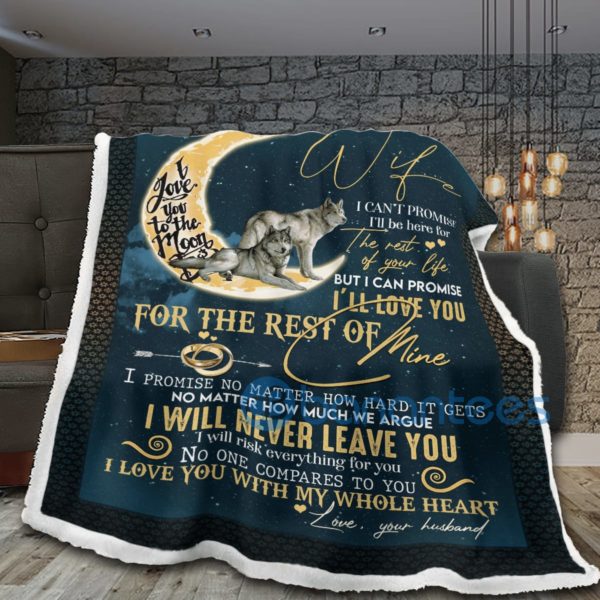Moon And Couple Wolf To My Wife I Love You With My Whole Heart Sherpa Blanket Product Photo