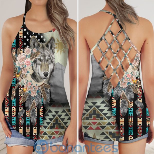 Native Wolf Indian American Geometric Dream Catcher Criss Cross Tank Top Product Photo