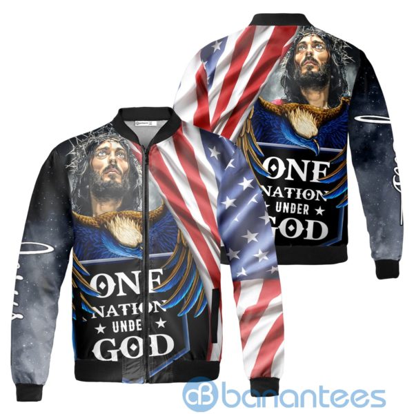 One Nation Under God Eagle America Flag Jesus Fleece Bomber Jacket Product Photo