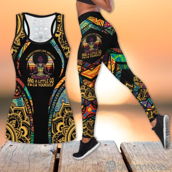 Peace, Love, Light Yoga Hollow Tank And Legging Outfit Product Photo