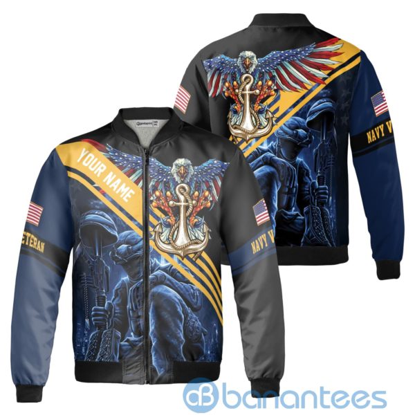 Personalized Eagle Honor The Fallen Navy Veteran Fleece Bomber Jacket Product Photo