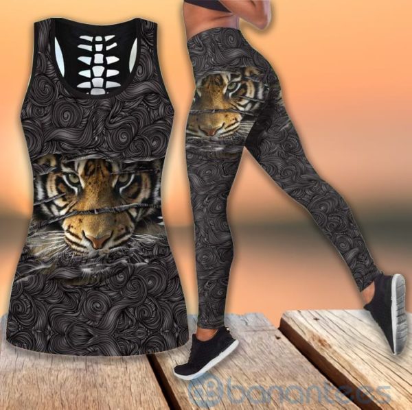 Powerful Tiger Eyes Hollow Tank And Legging Outfit Product Photo