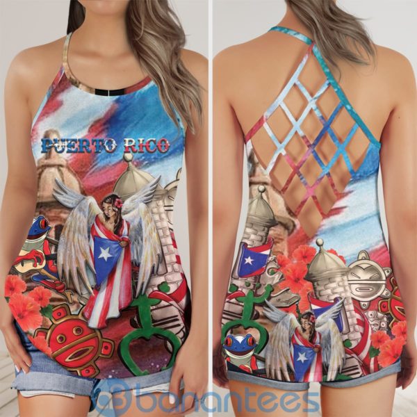 Puerto Rico Flag Angel Frog Vintage Criss Cross Tank Top Product Photo