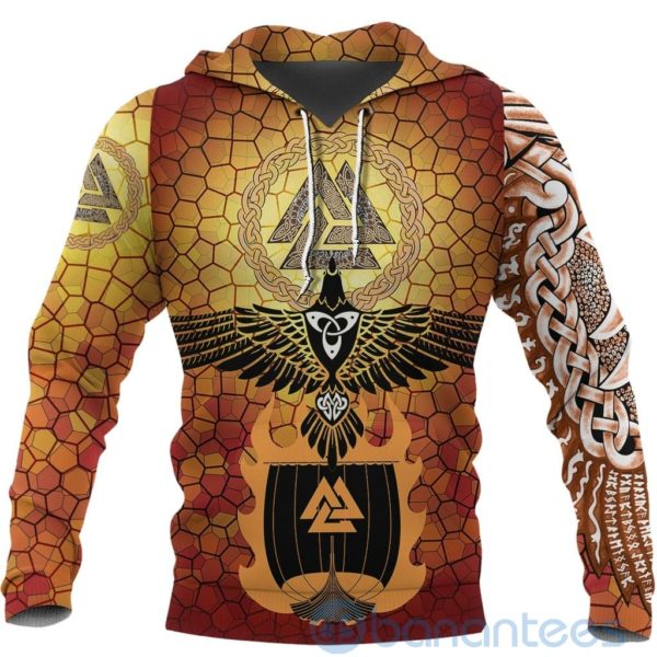 Raven Of Odin And Drakkar On Fire On Vignette Gold Valknut All Over Printed 3D Hoodie Product Photo